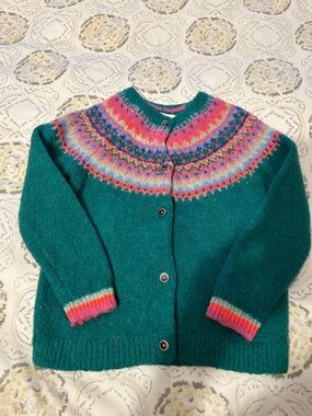 Mini Boden Teal Fair Isle Knit Cardigan Sweater